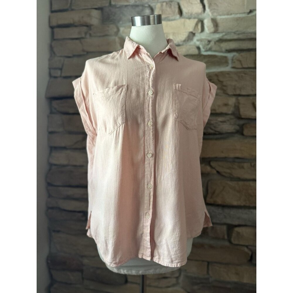 Francesca’s Harper Open Back Top Pink Linen Blend Short Sleeve High-Low Blouse M